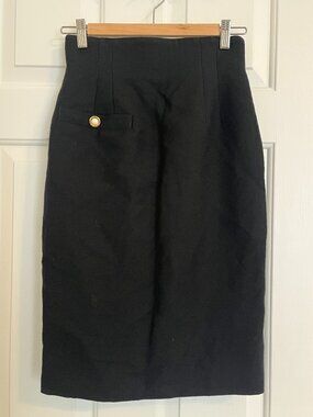 Vintage 80s High Waisted Virgin Wool Black Pencil Skirt with Button Detail Size6